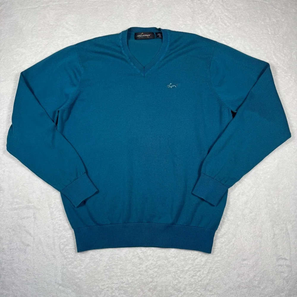 Greg Norman Mens V-Neck Cotton Knit Sweater Teal Blue Shark‎ Logo Size Medium